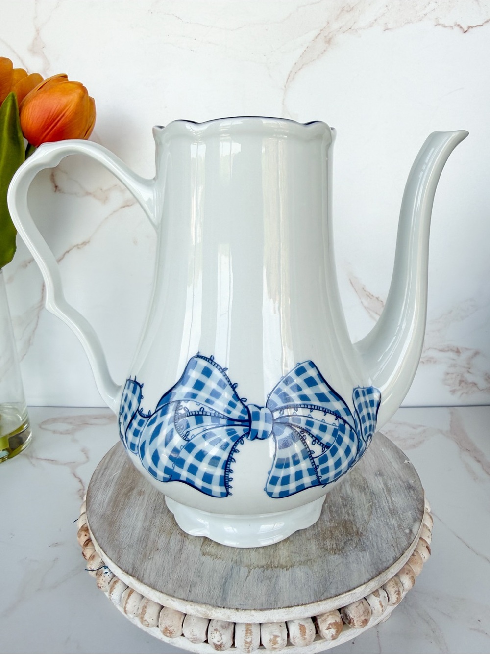 Vintage Phillipe Deshoulieres French Porcelain Coffee Pot - No Lid Blue Gingham